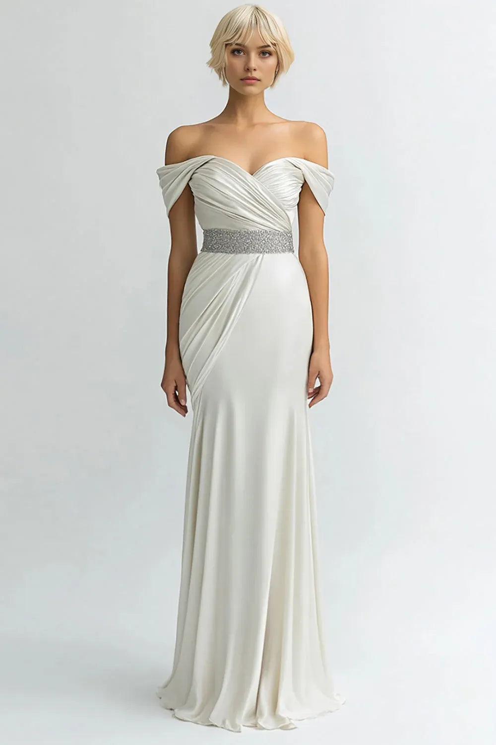 Ivory Sheath Off the Shoulder Long Evening Dress