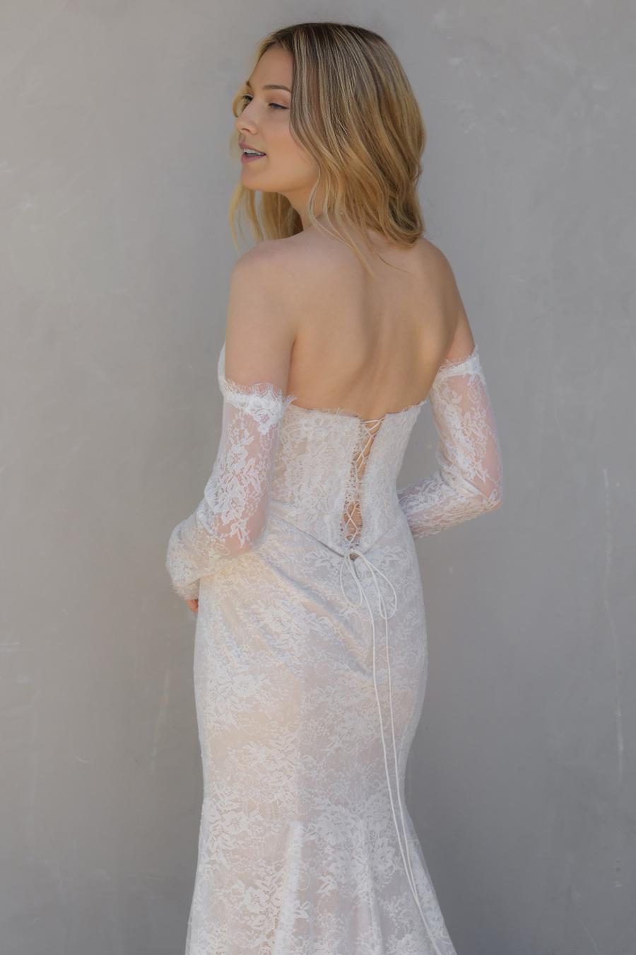 Ivory Unique Wedding Dresses with Off - Shoulder Neckline Plunging V - Bodice Sheer Long Sleeves