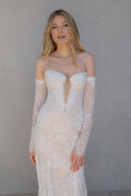 Ivory Unique Wedding Dresses with Off - Shoulder Neckline Plunging V - Bodice Sheer Long Sleeves
