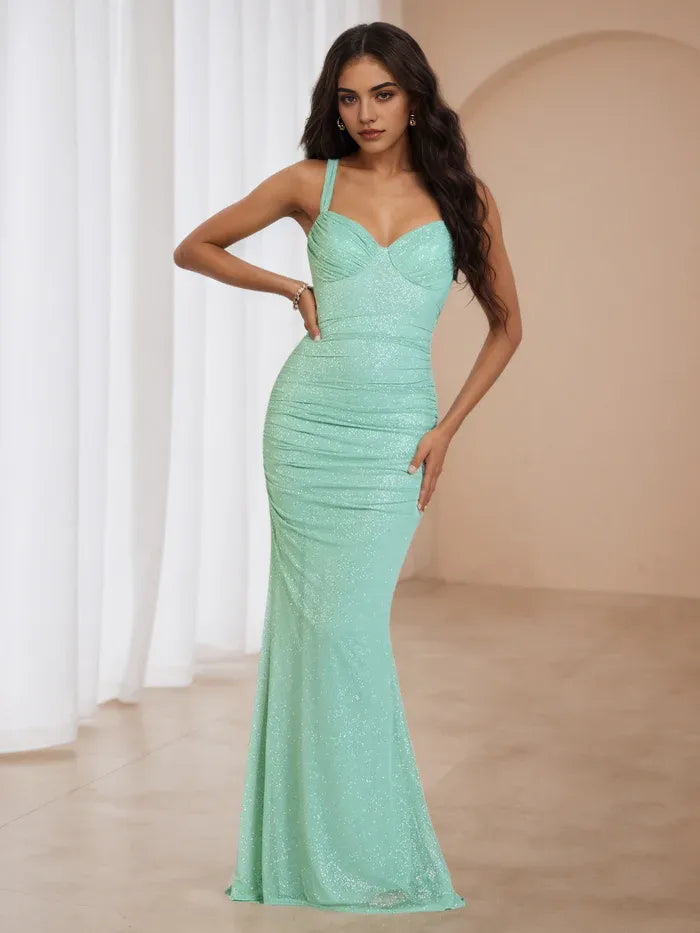 Green Mint Glitter Prom Gown One Shoulder Ruched Mermaid Silhouette