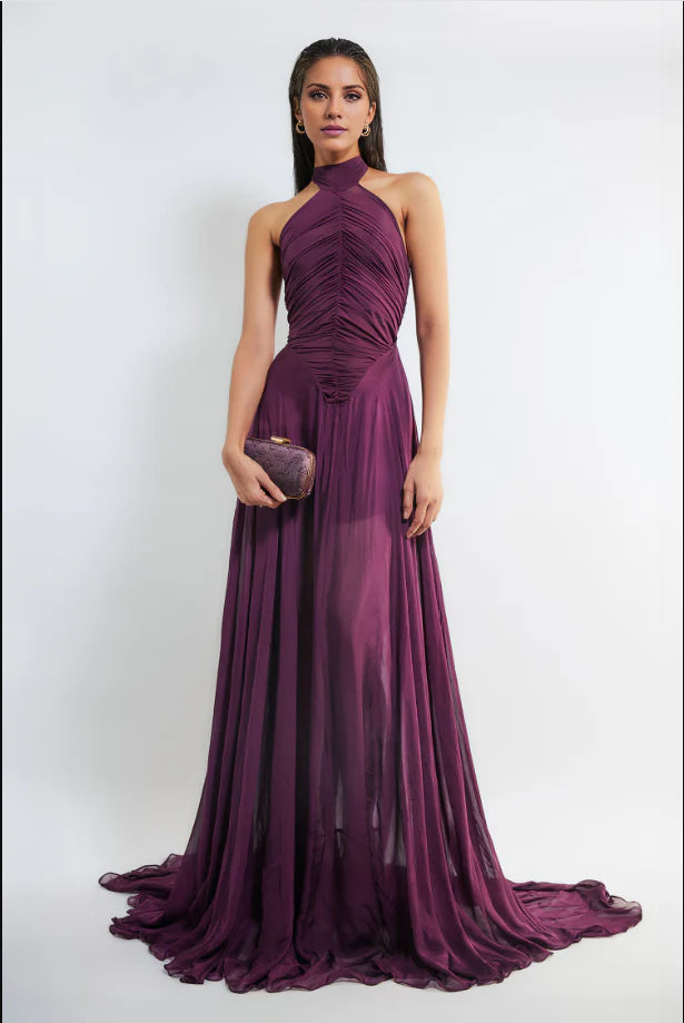 Plum Halter Neck Ruched Chiffon Prom Dress with Train