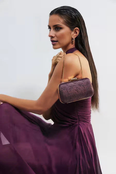Plum Halter Neck Ruched Chiffon Prom Dress with Train
