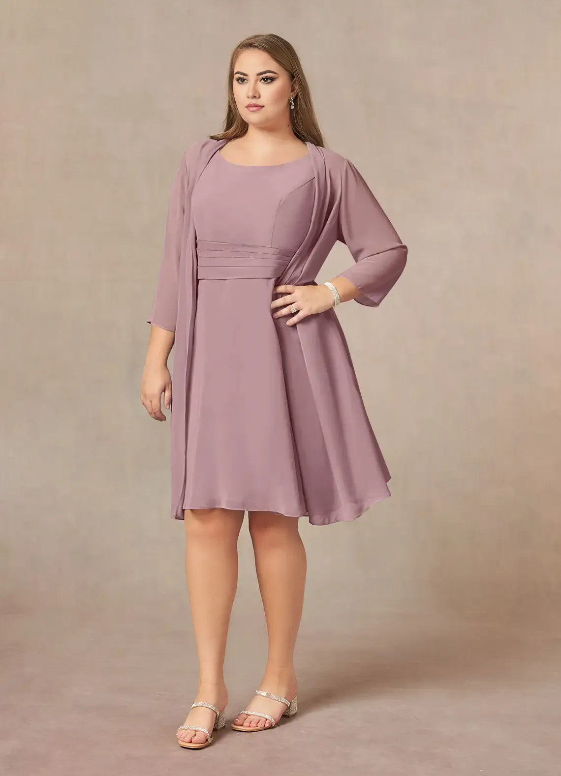 Elegant Dusty Rose Chiffon A-Line Scoop Neck Pleated Knee-Length Mother of the Bride Dress