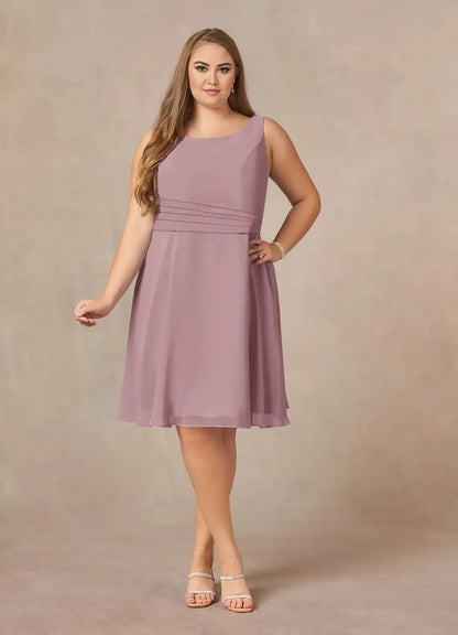 Elegant Dusty Rose Chiffon A-Line Scoop Neck Pleated Knee-Length Mother of the Bride Dress
