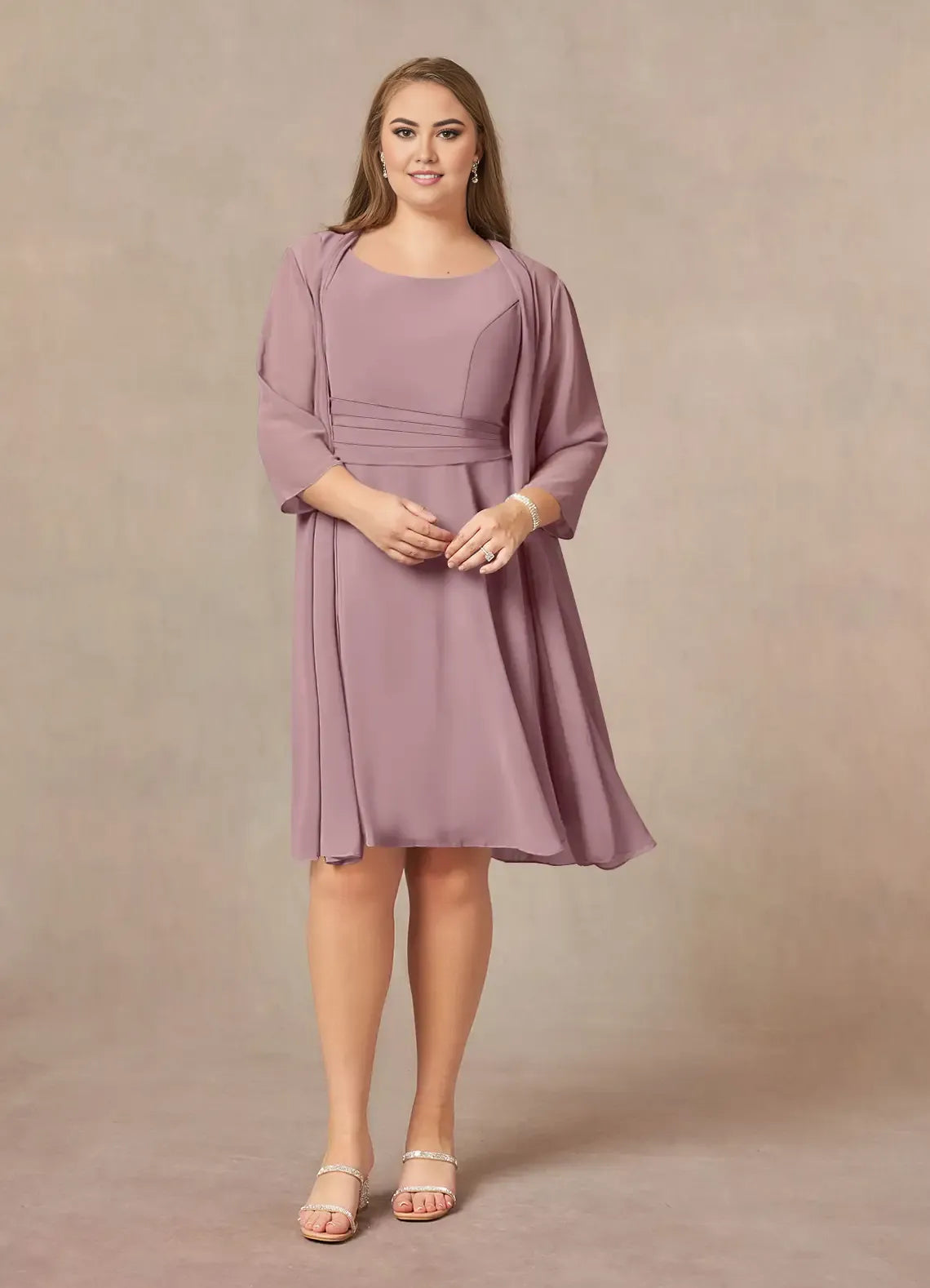 Elegant Dusty Rose Chiffon A-Line Scoop Neck Pleated Knee-Length Mother of the Bride Dress