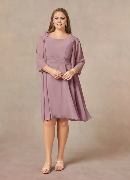 Elegant Dusty Rose Chiffon A-Line Scoop Neck Pleated Knee-Length Mother of the Bride Dress