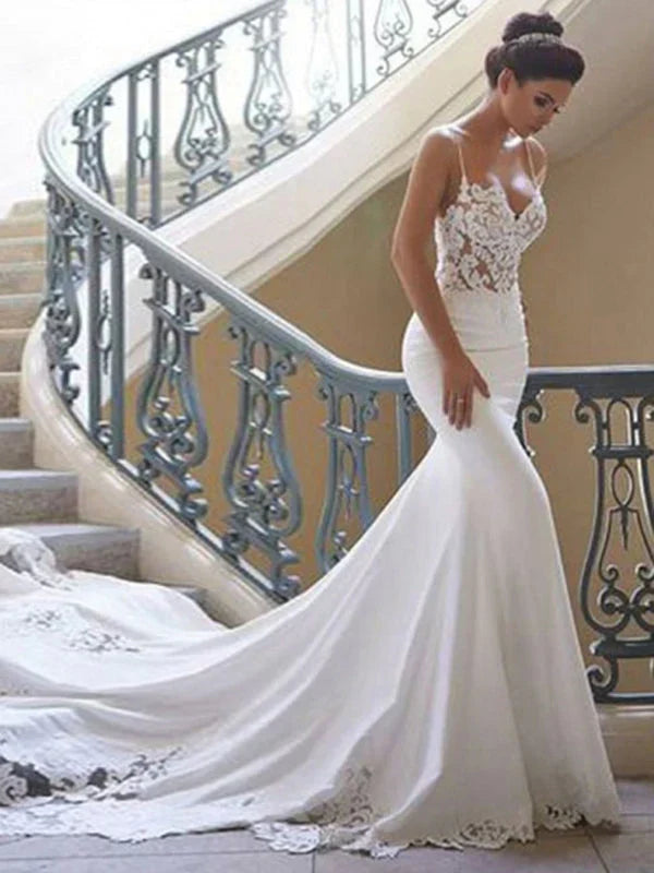 Sexy Spaghetti Strap Applique Mermaid Wedding Dresses
