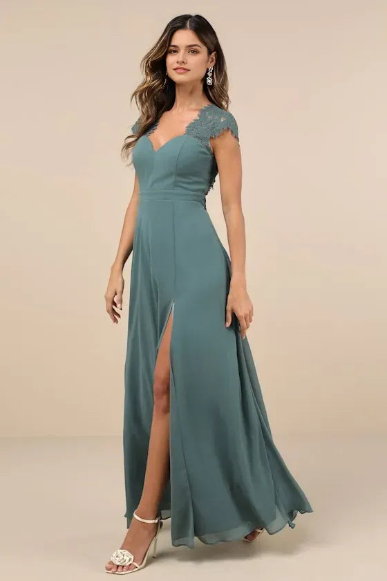 Sage Green Accented Dark Prom Dress Sweetheart Neck Cap Sleeves and High Side Slit for Glamorous Prom Nights