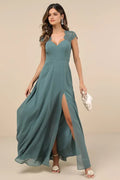 Sage Green Accented Dark Prom Dress Sweetheart Neck Cap Sleeves and High Side Slit for Glamorous Prom Nights