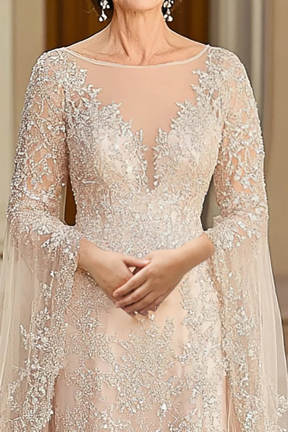 Beige Flowy Glitter Mother of the Bride Dress