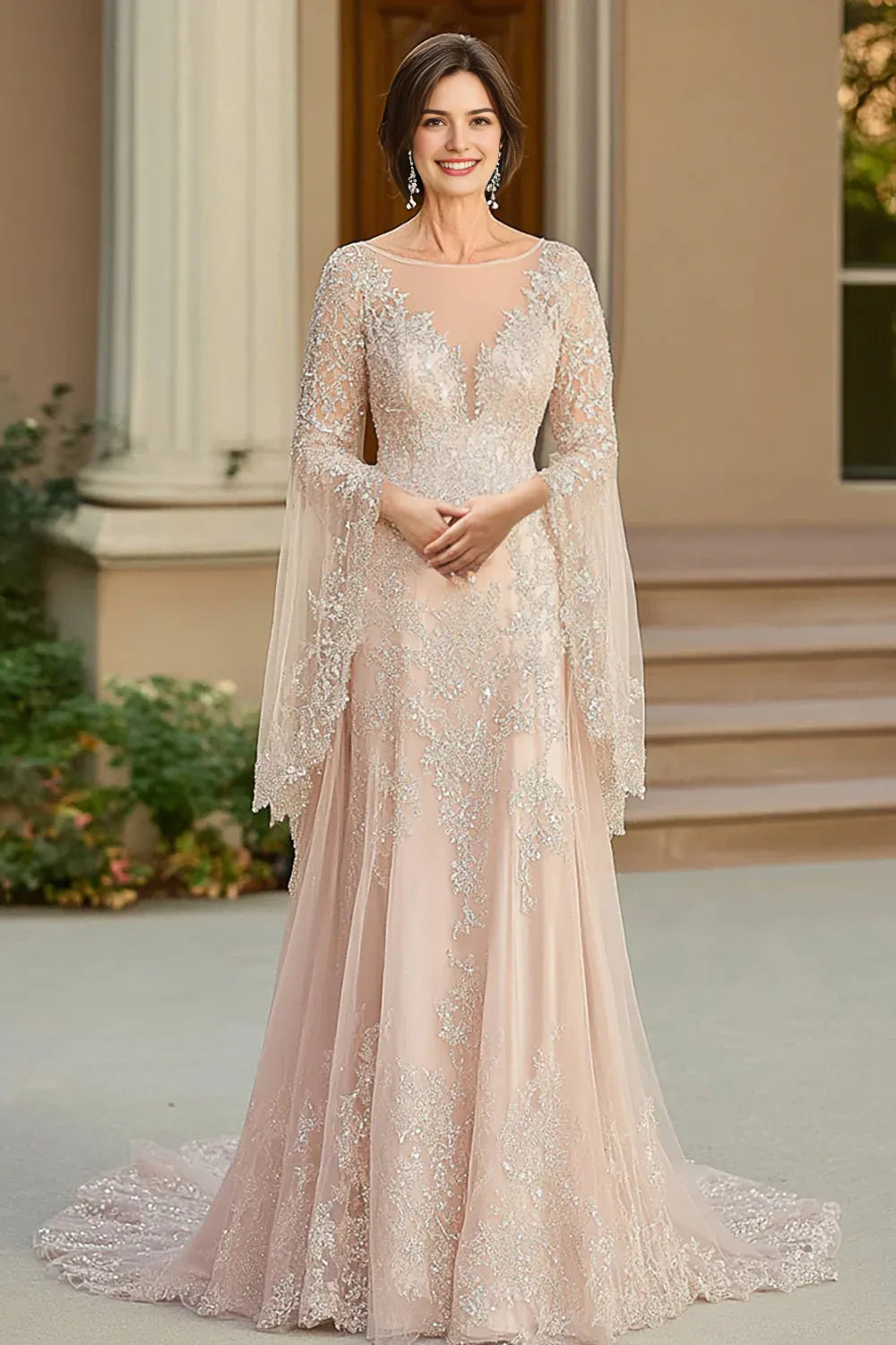 Beige Flowy Glitter Mother of the Bride Dress