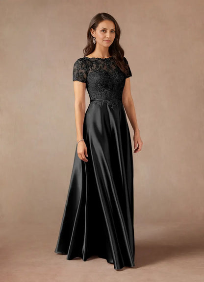 Elegant Black Satin A-Line Illusion Short Sleeve Floor-Length Mother of the Bride Dress