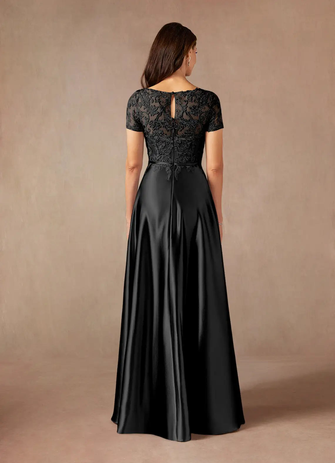 Elegant Black Satin A-Line Illusion Short Sleeve Floor-Length Mother of the Bride Dress