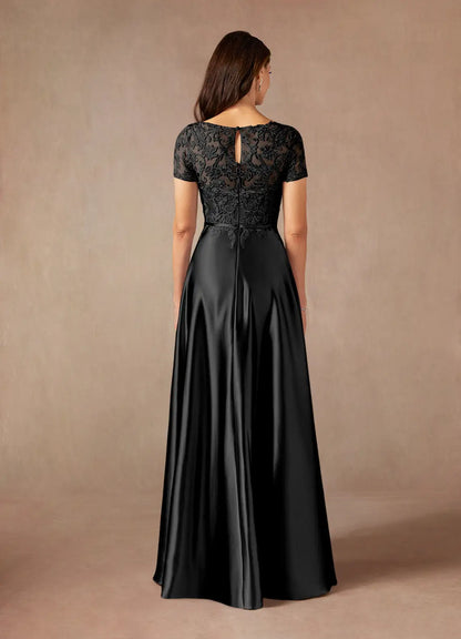 Elegant Black Satin A-Line Illusion Short Sleeve Floor-Length Mother of the Bride Dress