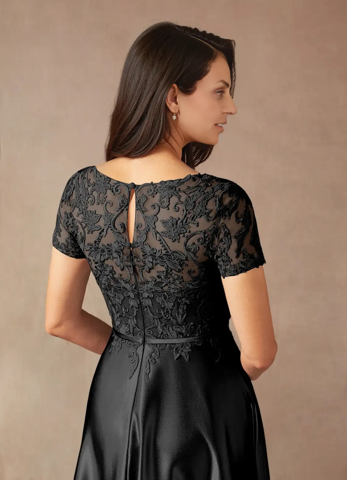 Elegant Black Satin A-Line Illusion Short Sleeve Floor-Length Mother of the Bride Dress
