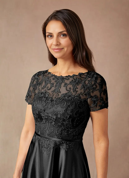 Elegant Black Satin A-Line Illusion Short Sleeve Floor-Length Mother of the Bride Dress