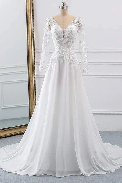 Wedding Dresses Chic V-Neck A-line Long Sleeve Beach Wedding Bridal Dress With Train