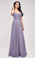 Lavender Evening Dress with Plunging V - Neckline Spaghetti Straps Ruched Bodice and Flowing Maxi Skirt for Elegant Occasions