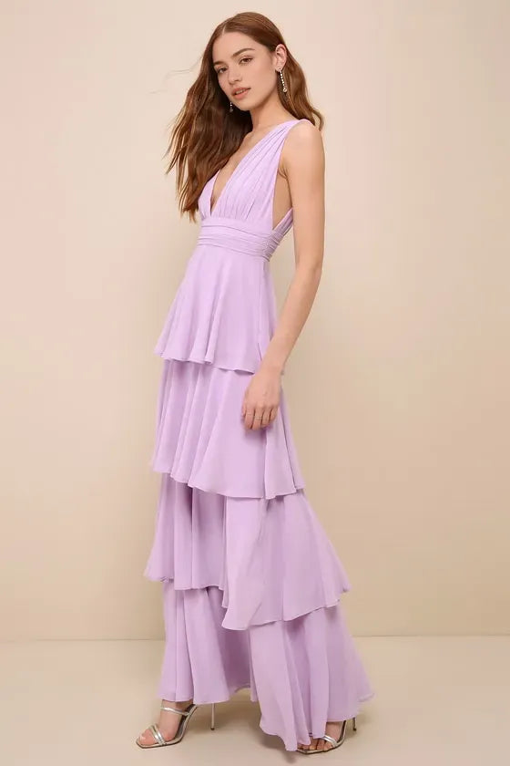 Lavender Dream scape Tiered Prom Dress Plunging V Neck Flowy Layers for Enchanting Evening Glamour