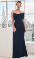 Navy Blue Strapless Evening Gown with Bow Front Detail Form Fitting Mermaid Silhouette and Structured Bodice for Formal Galas Black Tie Weddings and City Chic Events