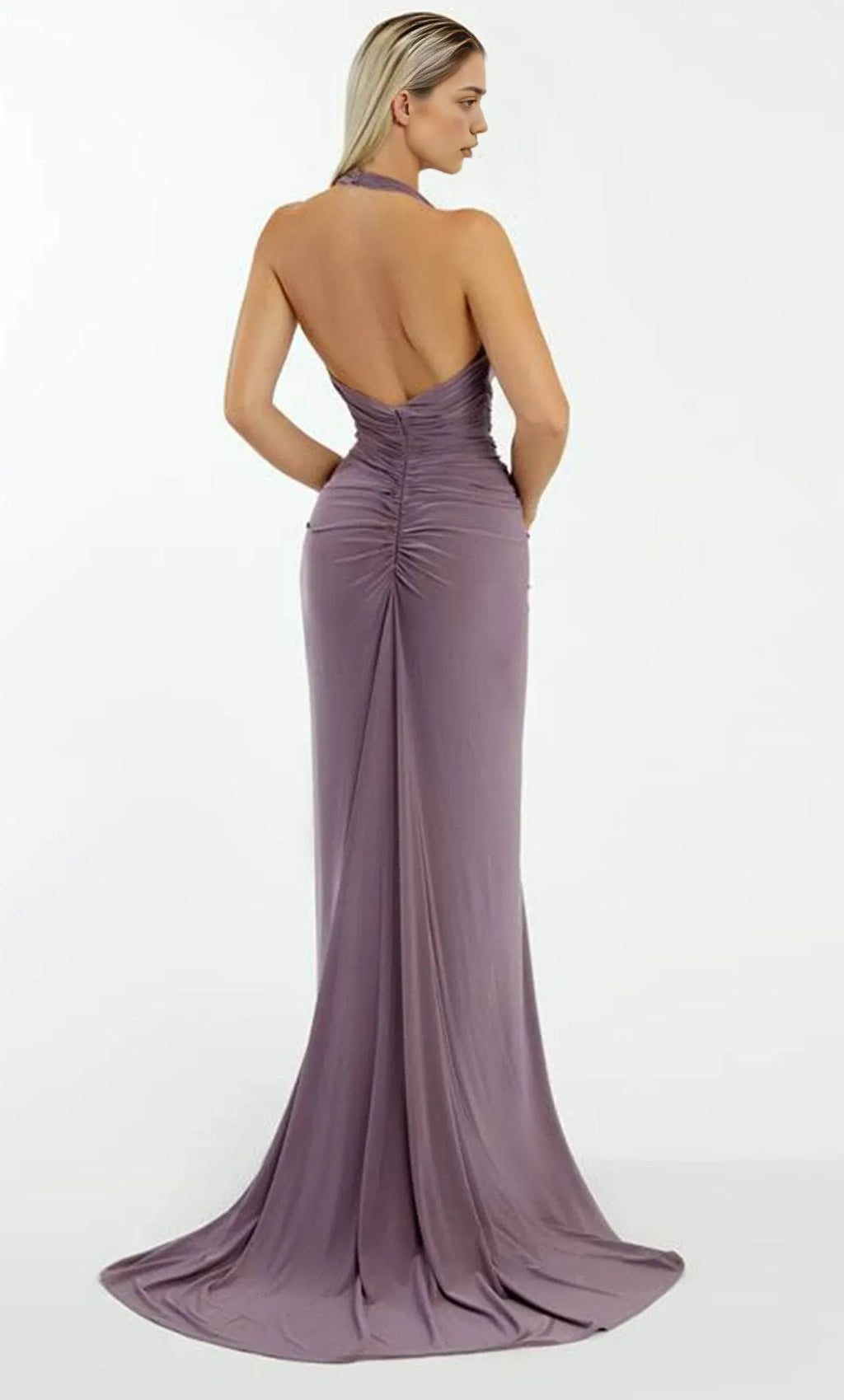 Lavender Halter Evening Gown with Plunging V- Neck Draped Detail and Dramatic Mermaid Train Perfect