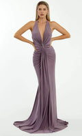 Lavender Halter Evening Gown with Plunging V- Neck Draped Detail and Dramatic Mermaid Train Perfect