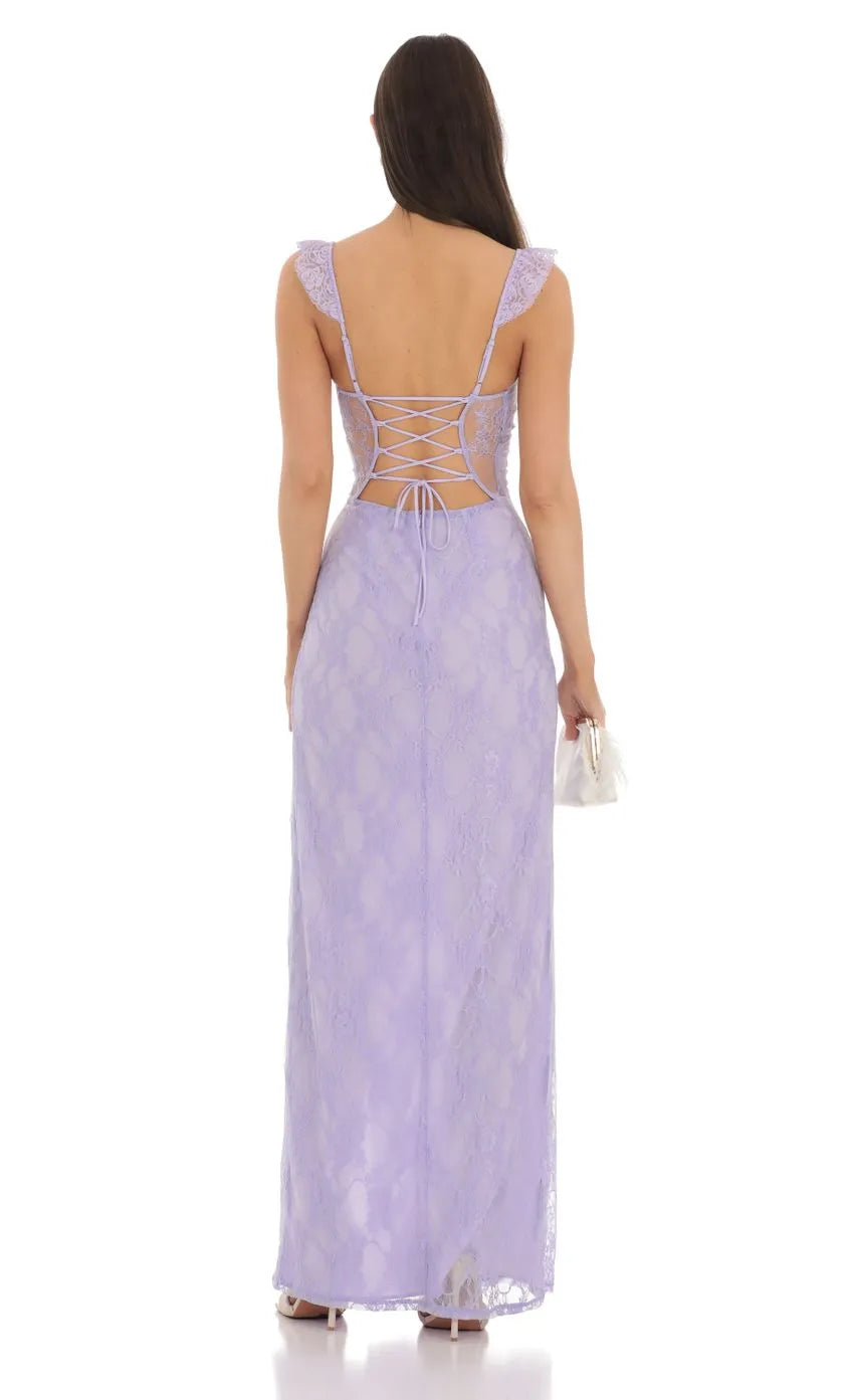 Lavender Prom Dress with Square Neckline Ruffled Cap Sleeves Bow Front Detail and High Slit Perfect for Formal Galas