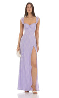 Lavender Prom Dress with Square Neckline Ruffled Cap Sleeves Bow Front Detail and High Slit Perfect for Formal Galas