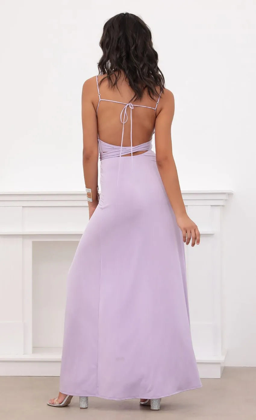 Lavender Prom Dress Spaghetti Straps V - Neckline Waist - Tie and High Leg Double Slits Crafted for Fashion Forward Formal Occasions