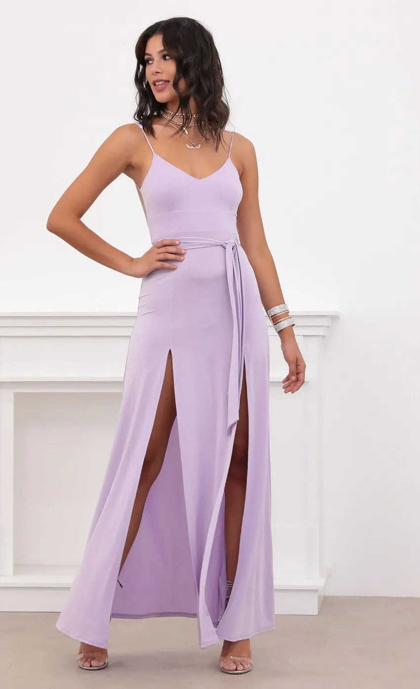 Lavender Prom Dress Spaghetti Straps V - Neckline Waist - Tie and High Leg Double Slits Crafted for Fashion Forward Formal Occasions