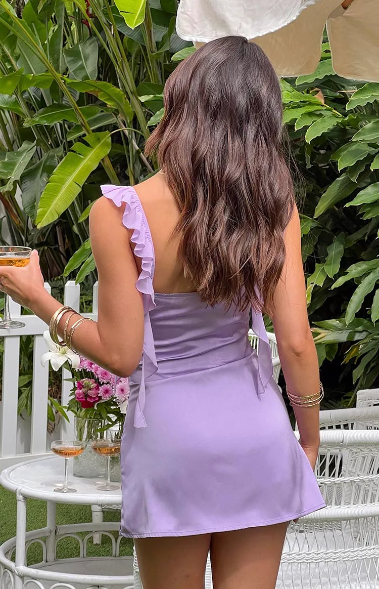 Lavender Homecoming Dress with Ruffled Shoulders Bow Front Detail Bodycon Fit for a Dreamy Party Look