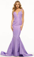 Lavender Mermaid Evening Gown with Asymmetric Straps Plunging V - Neck and Flowing Train for Formal Occasions