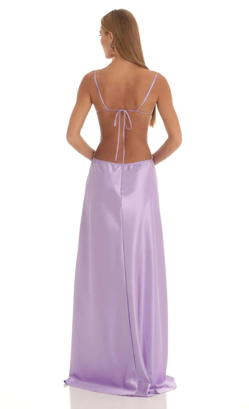 Lavender Prom Dresses with Spaghetti Straps Cowl Neckline and Side Cutouts Elegant Floor Length Evening Dress for Formal