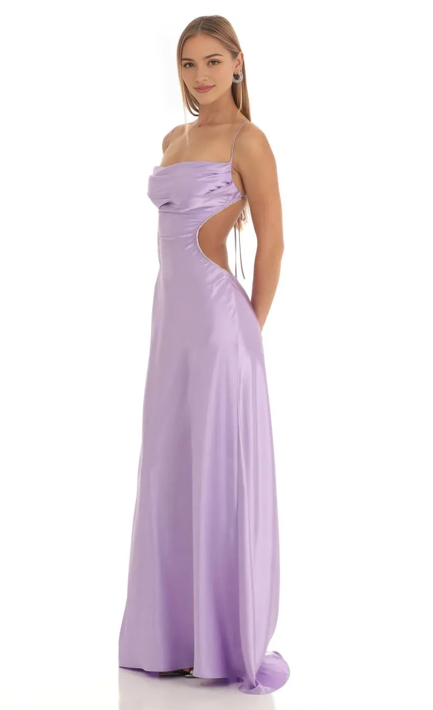 Lavender Prom Dresses with Spaghetti Straps Cowl Neckline and Side Cutouts Elegant Floor Length Evening Dress for Formal