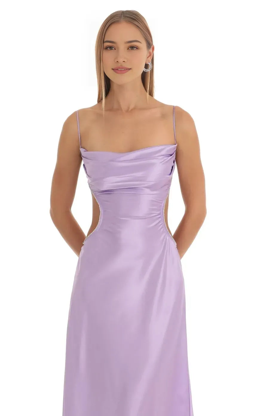 Lavender Prom Dresses with Spaghetti Straps Cowl Neckline and Side Cutouts Elegant Floor Length Evening Dress for Formal
