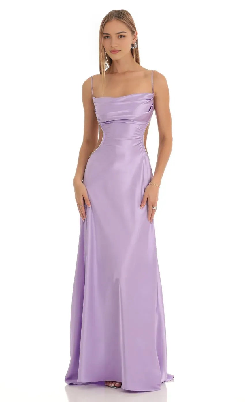 Lavender Prom Dresses with Spaghetti Straps Cowl Neckline and Side Cutouts Elegant Floor Length Evening Dress for Formal