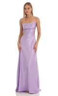 Lavender Prom Dresses with Spaghetti Straps Cowl Neckline and Side Cutouts Elegant Floor Length Evening Dress for Formal