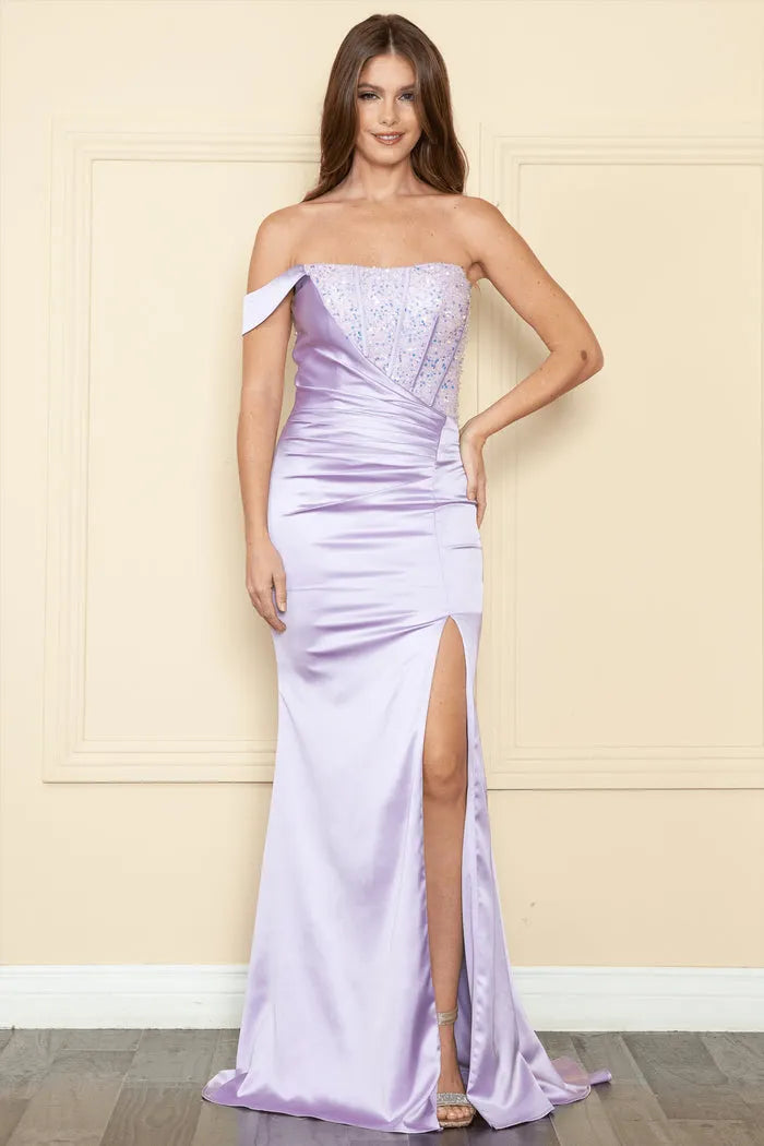 Lavender Strapless Evening Dress with Asymmetric Bodice and High Side Slit for Formal Occasions