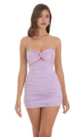 Lavender Ruched Homecoming Dress with Spaghetti Straps Twist Front Detail Cut - Out Bodycon Fit Perfect for School Dances