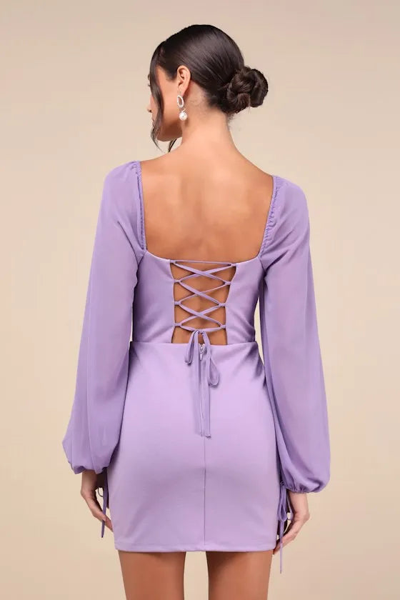 Lavender Square Neck Homecoming Dress Sheer Balloon SleevesTie Cuffs A Retro - Chic Choice for Your School¡¯s Big Night