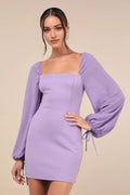 Lavender Square Neck Homecoming Dress Sheer Balloon SleevesTie Cuffs A Retro - Chic Choice for Your School¡¯s Big Night