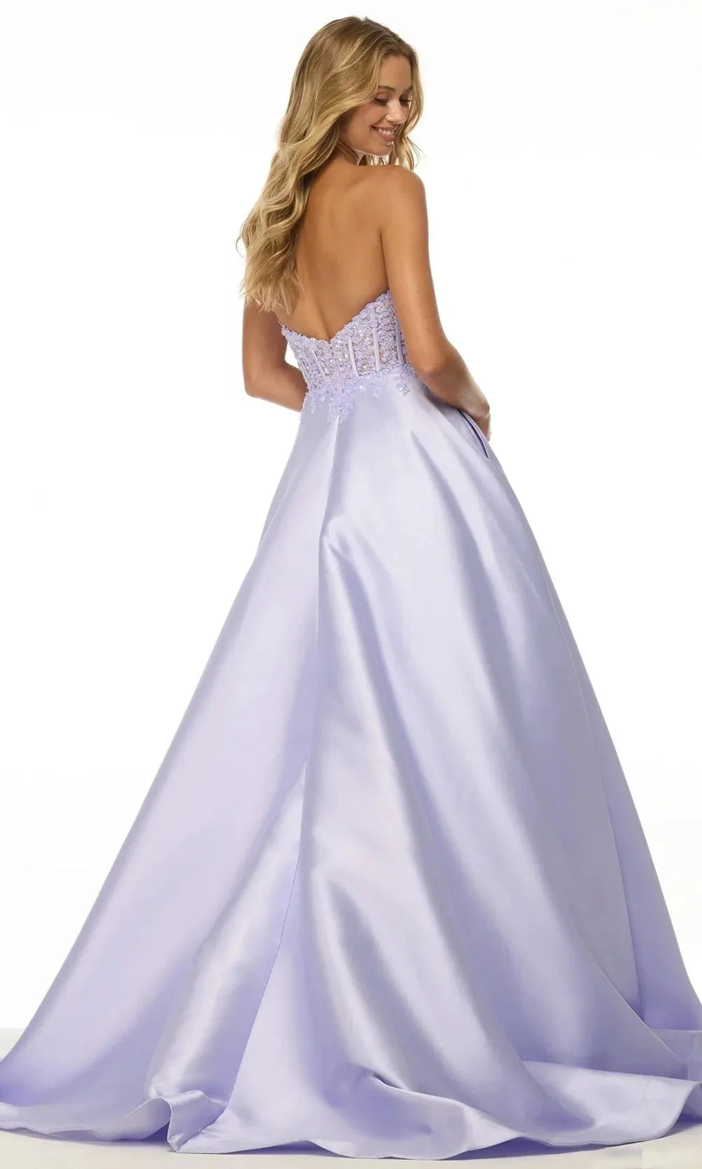 Lavender Strapless Ball Gown with Bodice and Voluminous Skirt for Prom Formal Galas