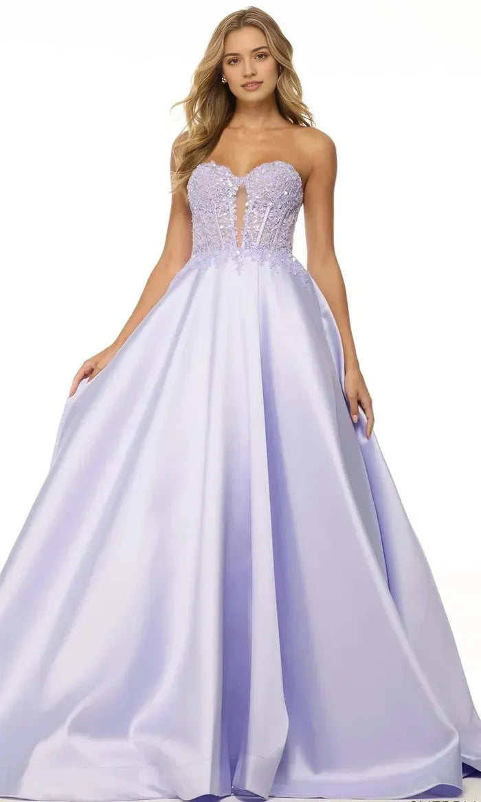 Lavender Strapless Ball Gown with Bodice and Voluminous Skirt for Prom Formal Galas