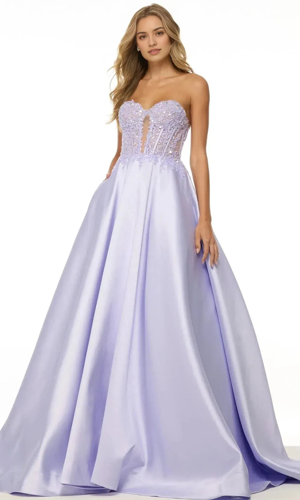 Lavender Strapless Ball Gown with Bodice and Voluminous Skirt for Prom Formal Galas