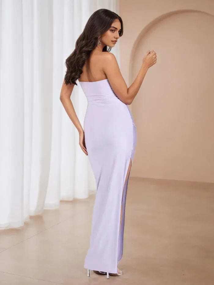 Lavender Strapless Ruched Prom Dress with Side Slit - Elegant Formal Evening Gown for Dance Events