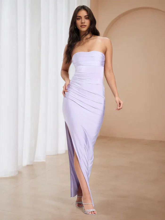 Lavender Strapless Ruched Prom Dress with Side Slit - Elegant Formal Evening Gown for Dance Events