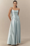 Light Blue Lavish Light A-Line Square-Neck Spaghetti-Strap Lace-Up-Back Floor-Length Prom Dress