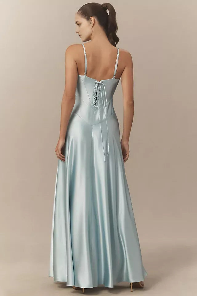 Light Blue Lavish Light A-Line Square-Neck Spaghetti-Strap Lace-Up-Back Floor-Length Prom Dress