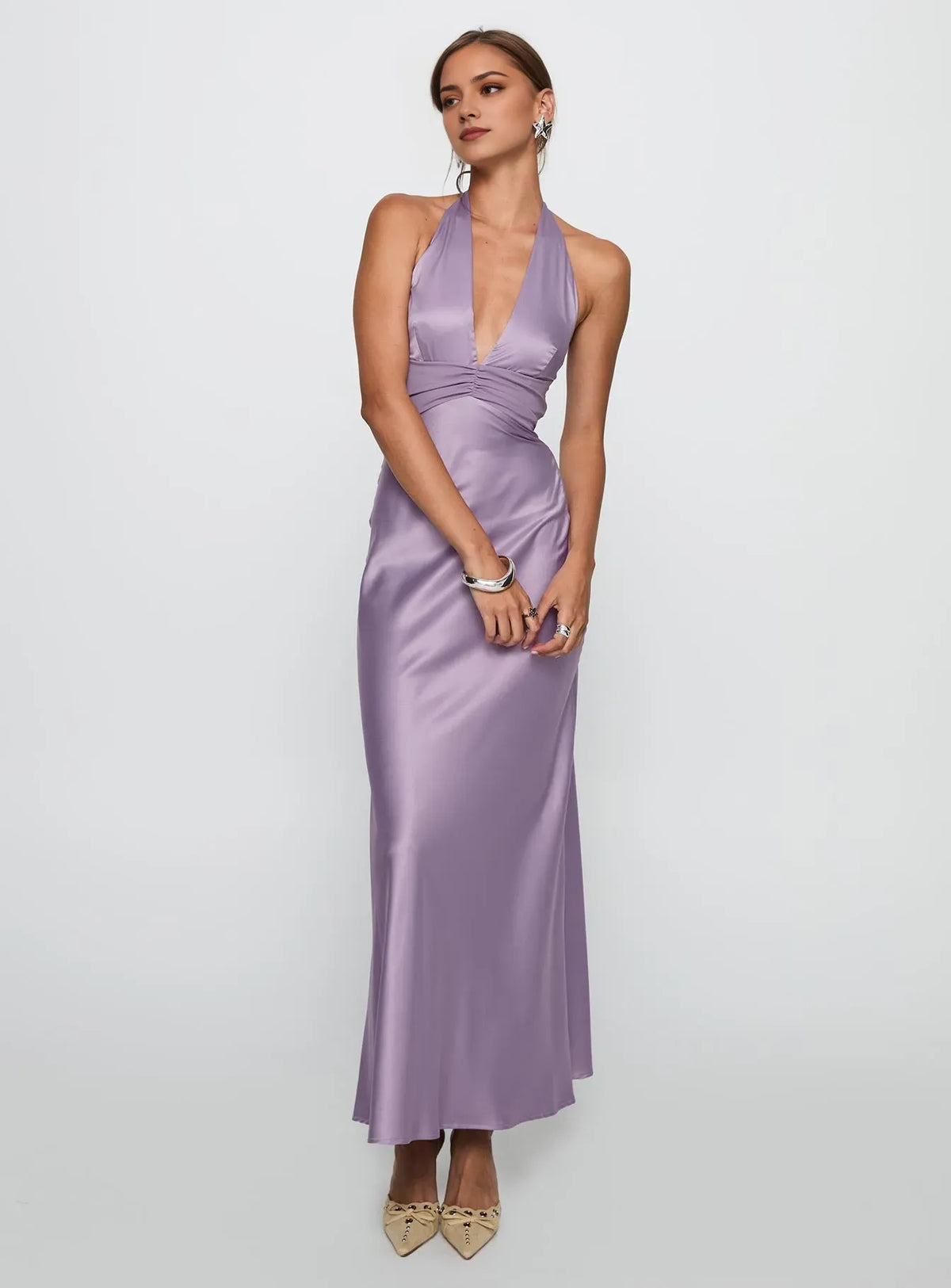 Lavish Mauve Sheath V-Neck Halter-Tie Backless Ankle-Length Prom Dress Hot sale