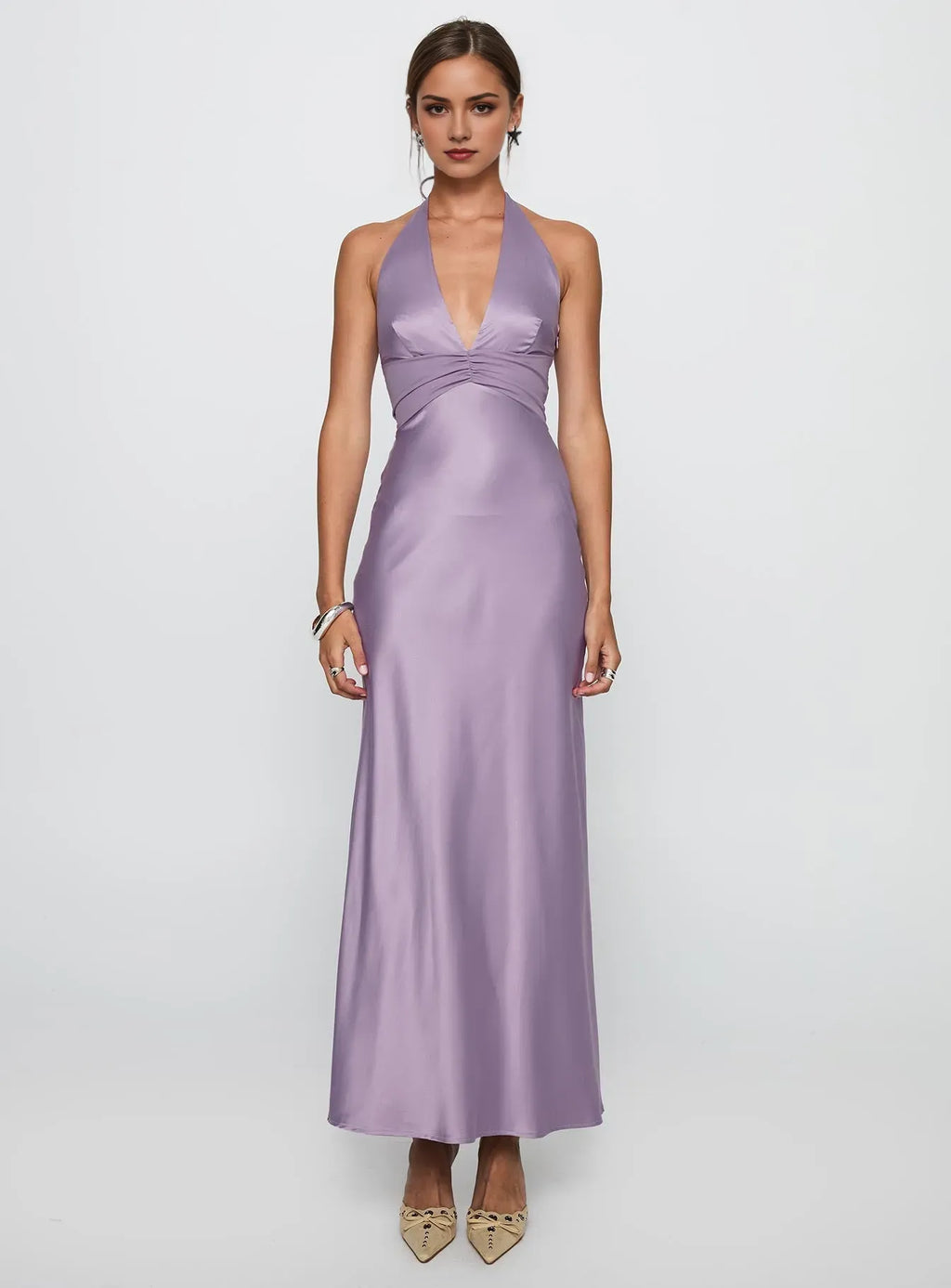 Lavish Mauve Sheath V-Neck Halter-Tie Backless Ankle-Length Prom Dress Hot sale